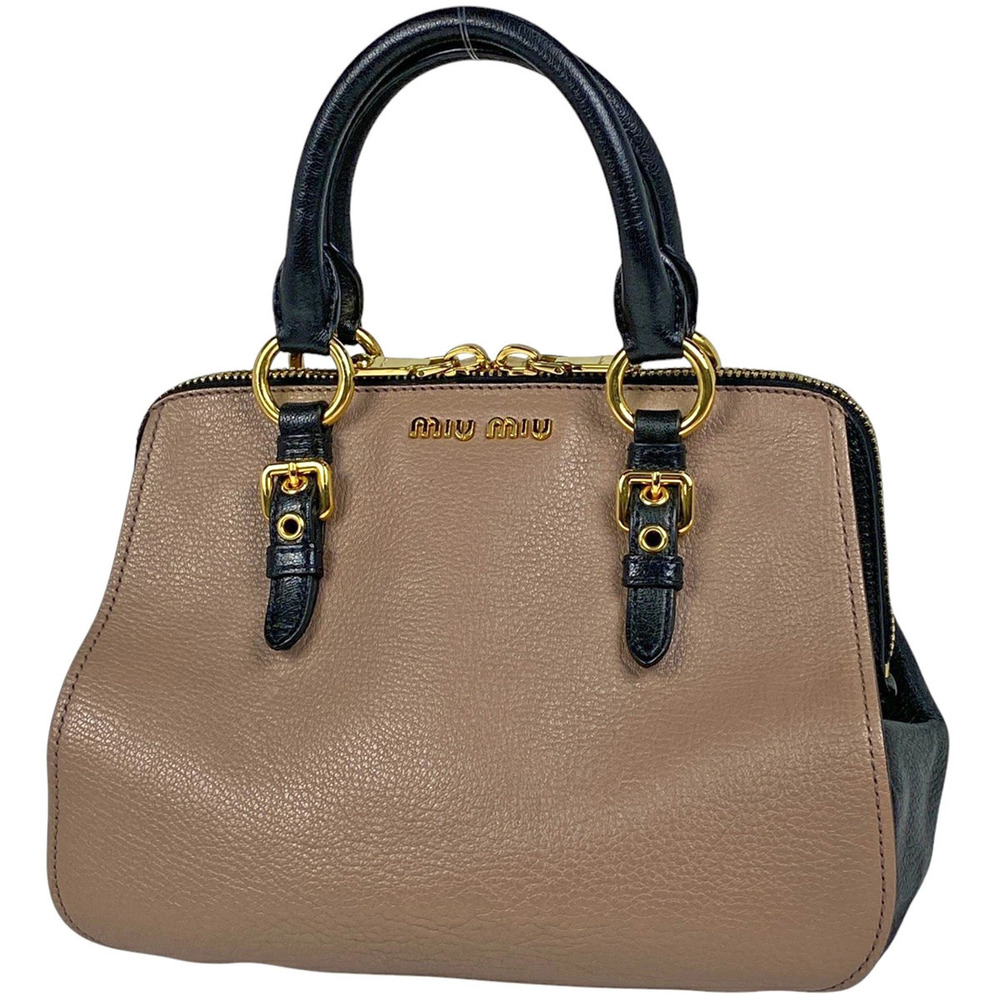 Miu Miu Logo Handbag Shoulder Bag Leather Beige Black